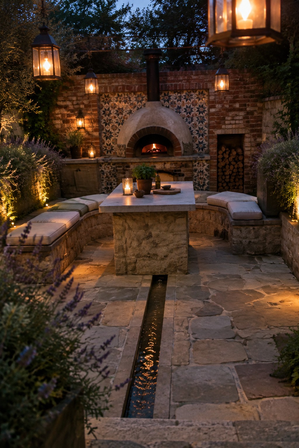 A dusk view of a stone patio centered on a built-in pizza oven set in a patterned brick wall, with curved cushioned seating and a rectangular stone table in front.