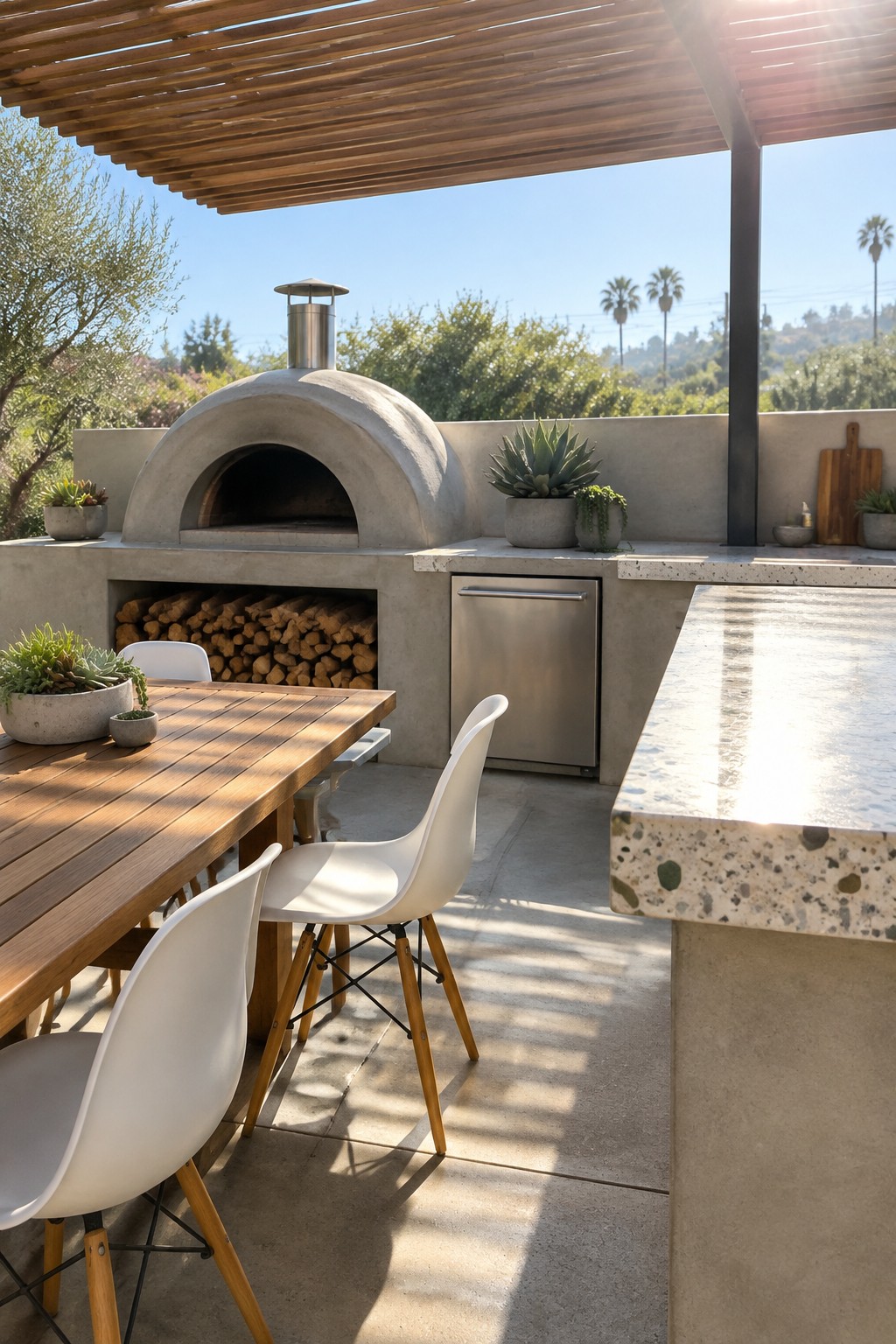 Outdoor kitchen with concrete pizza oven, wooden table, white chairs, sunny hillside view