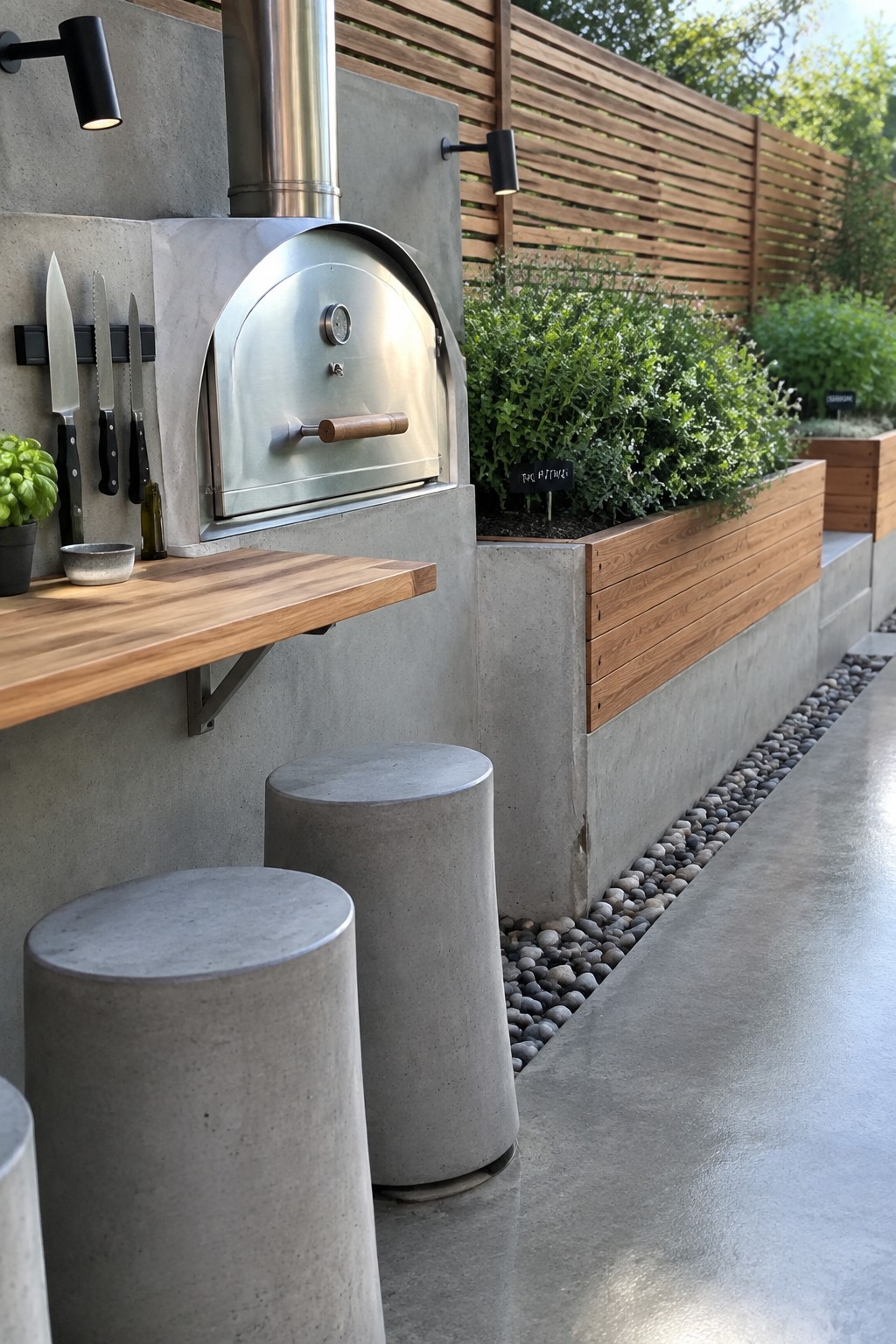 A stainless steel pizza oven built into a concrete wall on an outdoor patio, with two round concrete stools in front and a wooden countertop extending from the side.