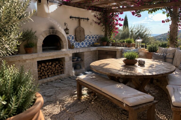 24 Creative Patio Pizza Stations Featuring Built-In Outdoor Pizza Ovens A stone-built outdoor pizza oven set into a patio with a round wooden table, benches, and blue tile accents along the counter.