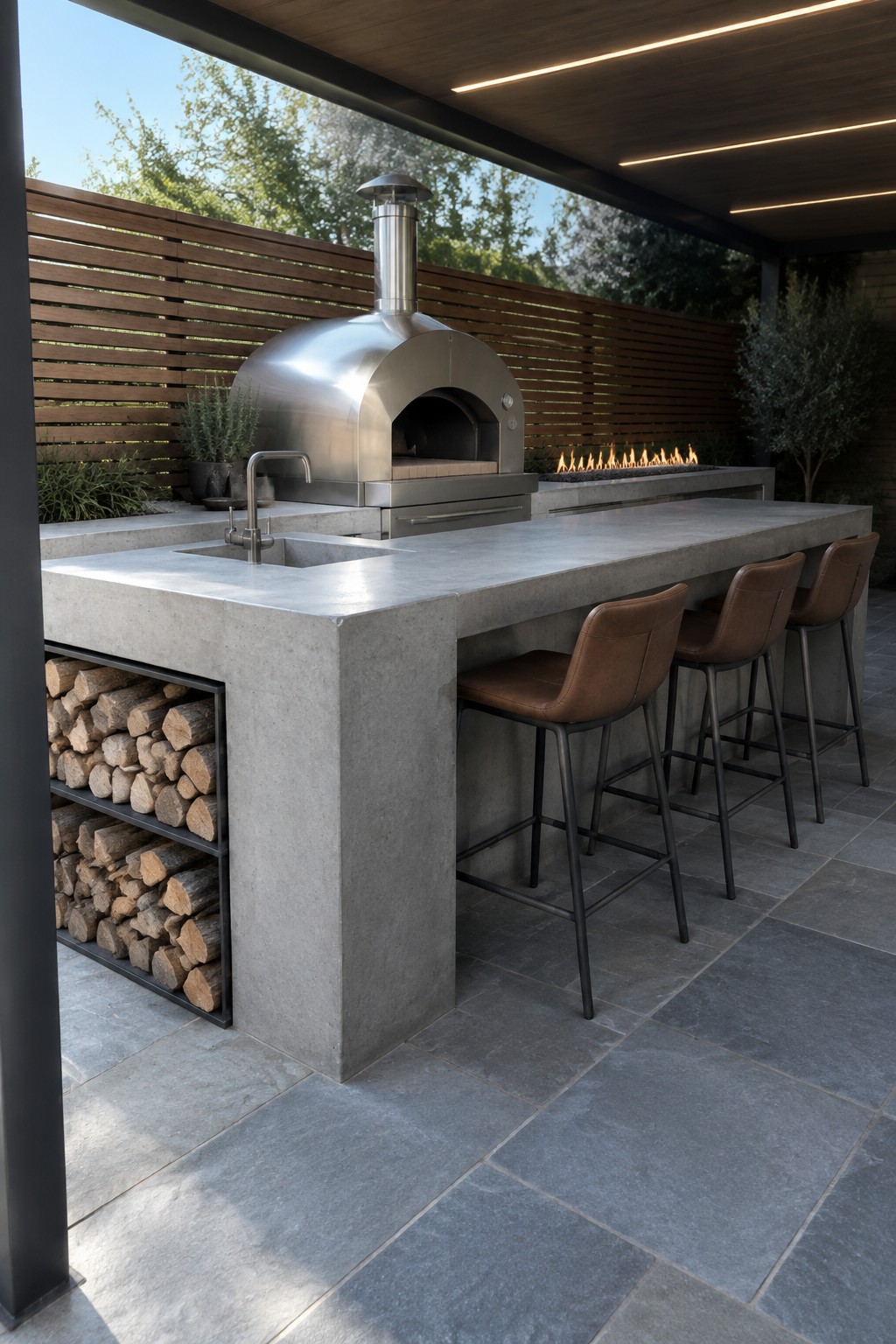 A stainless steel outdoor pizza oven sits built into a long gray concrete counter with four brown leather bar stools and a linear fire pit visible behind it.