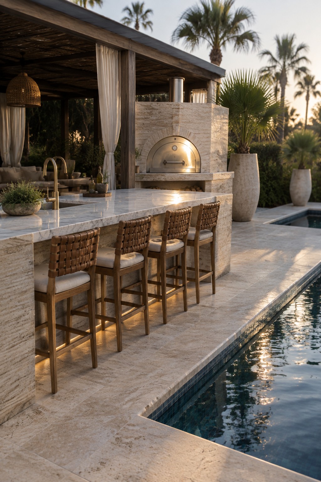 An outdoor marble bar counter with four woven bar stools sits in front of a built-in stone pizza oven, next to a swimming pool lined with palm trees.