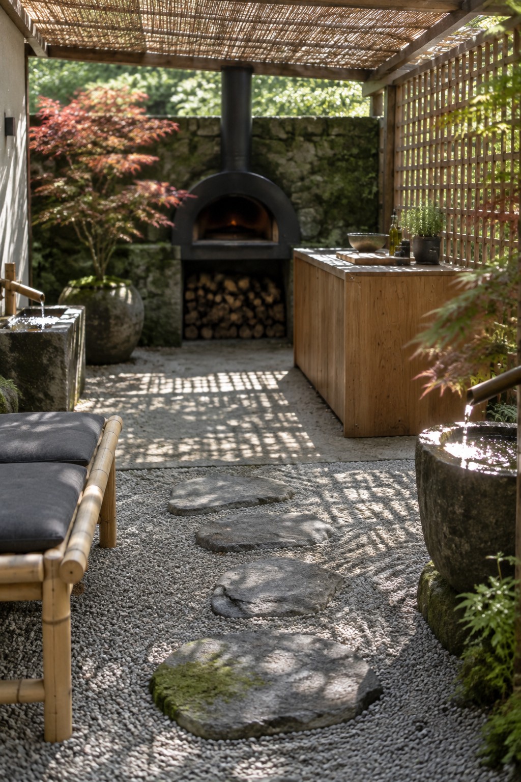 An outdoor patio features a black pizza oven built into a mossy stone wall, with a wooden prep counter beside it, gravel ground, stepping stones, a bamboo bench, and two stone water basins.