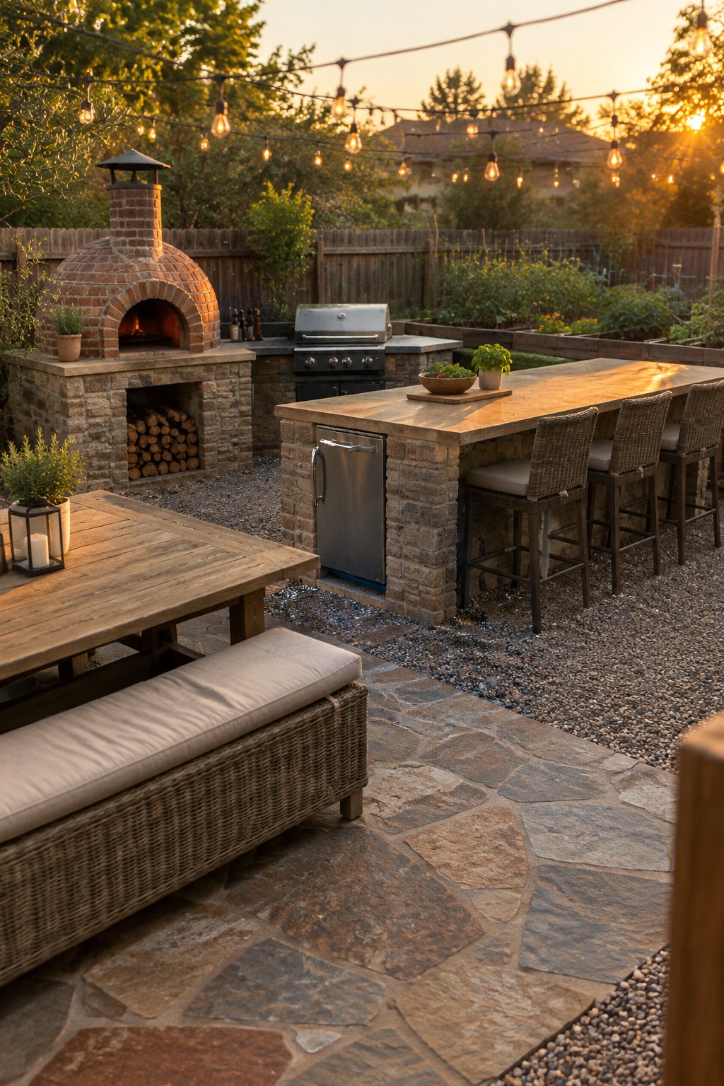 Stone outdoor kitchen with pizza oven, grill, bar stools, and string lights at sunset