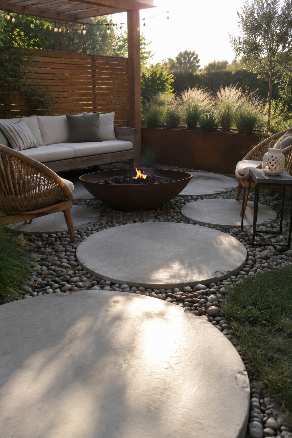 Outdoor patio with large round concrete stepping stones set in gravel around a metal fire pit, wicker chairs, and a wooden sofa under string lights.
