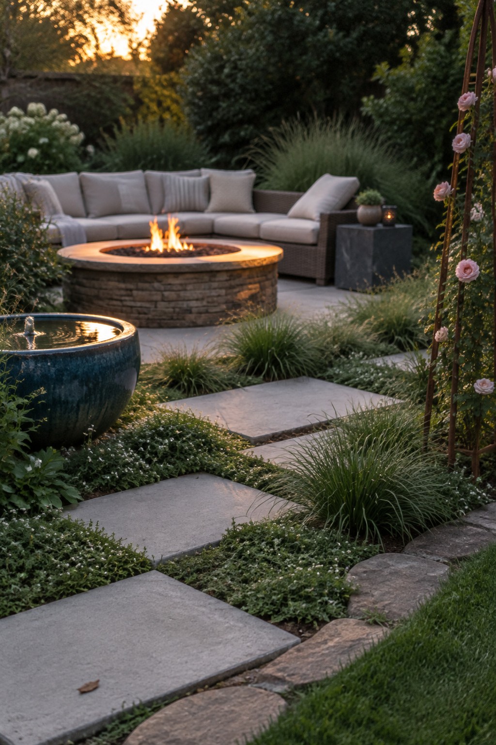 Fire pit, sofa, fountain, and roses along stone path in sunset garden.