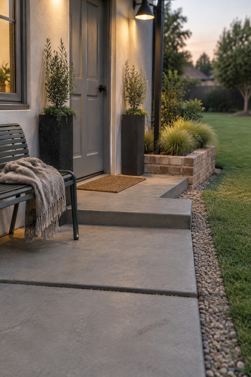 A front entry path made of large gray concrete stepping stones leads to a gray door, with gravel edging and tall planters along the sides.