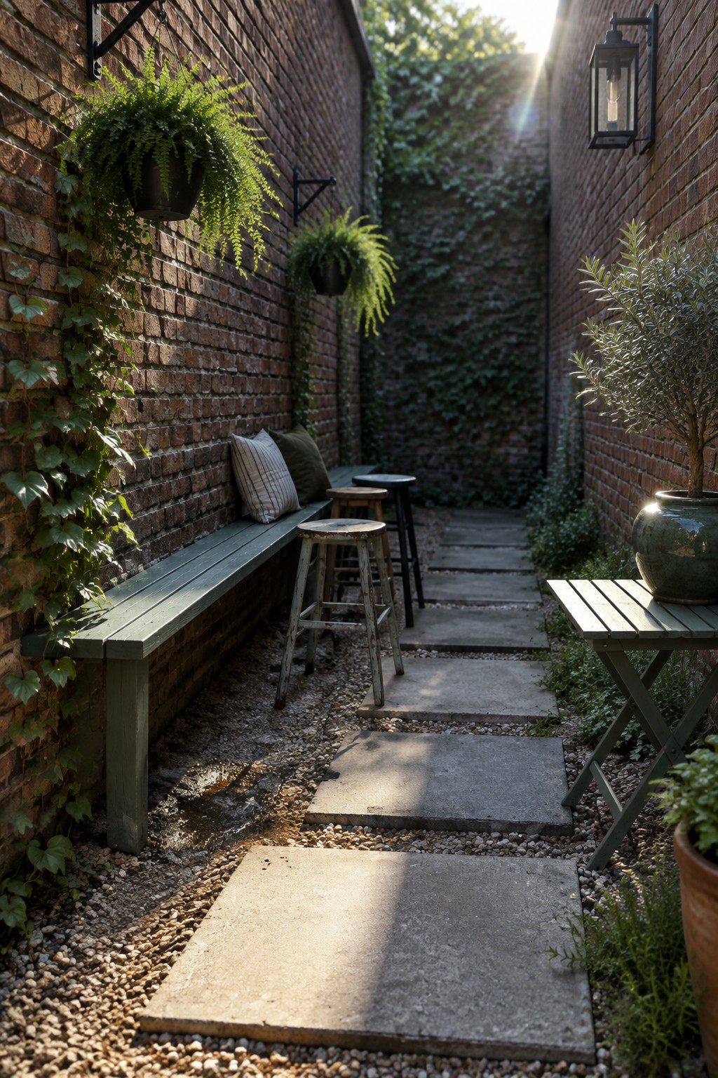 A narrow brick-walled garden passage with large rectangular concrete stepping stones set in gravel, a green bench on the left, and potted plants along the sides.