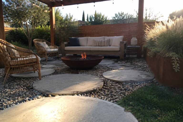 21 Easy DIY Patio Slab Ideas Using Large Concrete Stepping Stones Outdoor patio with large round concrete stepping stones set in gravel around a metal fire pit, wicker chairs, and a wooden sofa under string lights.