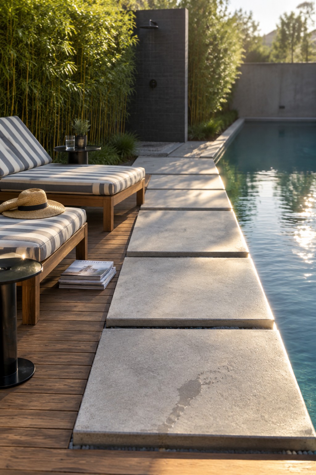 Striped lounge chairs on wooden deck beside pool with stone path and shower