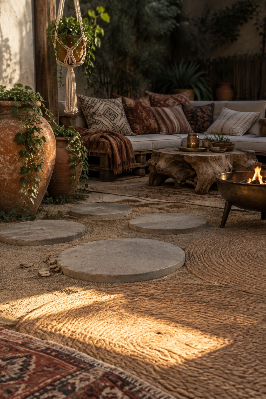 Round concrete stepping stones set in sandy ground form a path toward a patio seating area with a fire pit and woven rugs.
