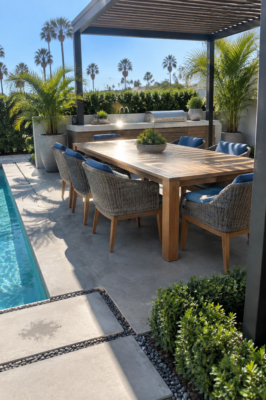 Outdoor patio with large rectangular concrete stepping stones set in gravel, a wooden dining table with blue cushioned chairs, and a swimming pool visible on the left.