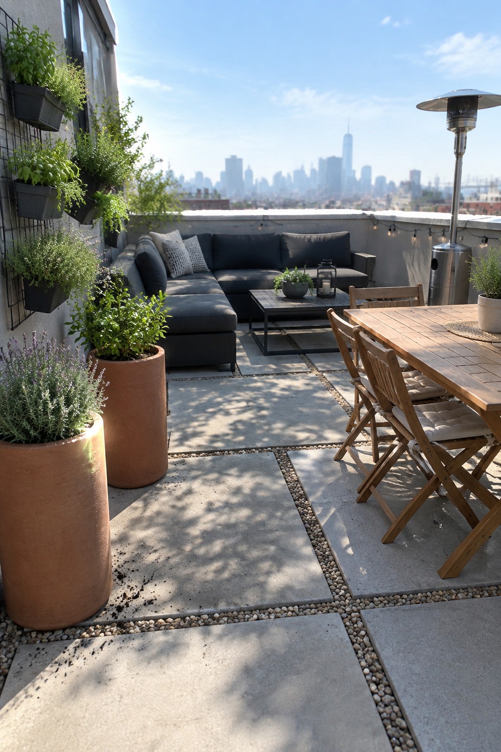A rooftop patio with large gray concrete slabs separated by pebble borders, potted plants along the edges, a dark sectional sofa, a wooden dining table, and a city skyline in the background.