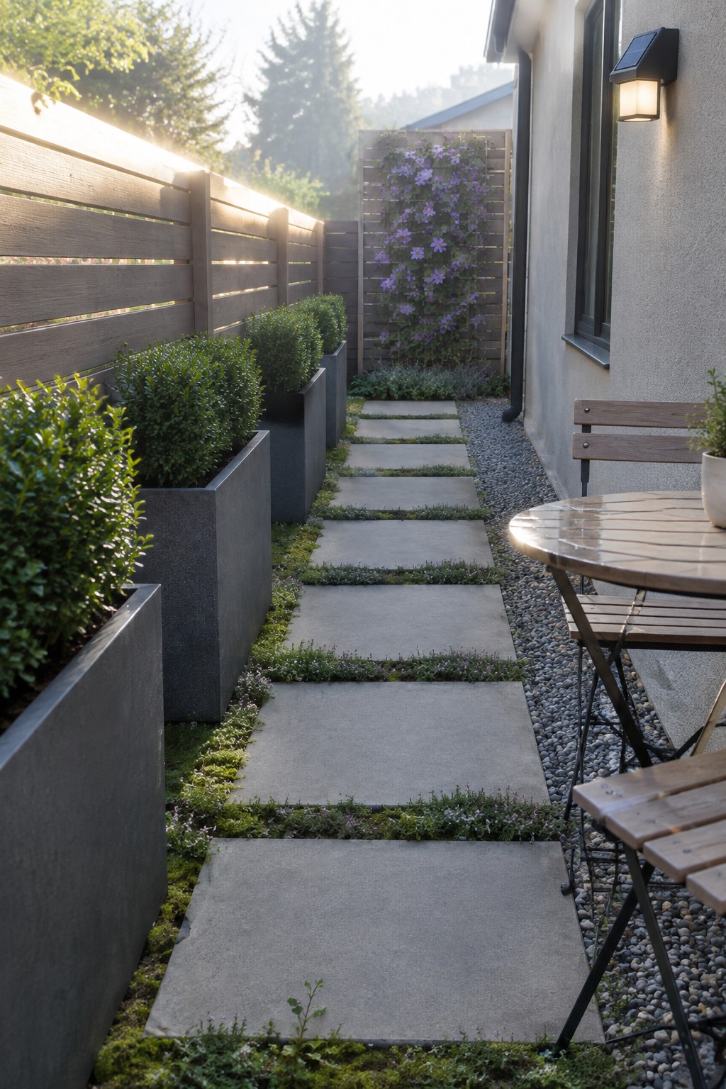 A narrow outdoor path lined with large rectangular concrete stepping stones, with low green plants growing between them and dark planters along one side.