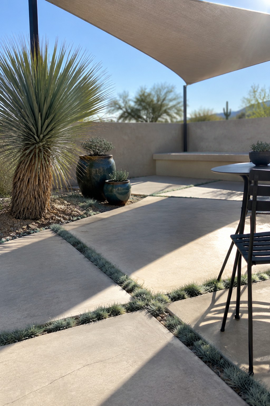 Large rectangular concrete pavers form a patio with narrow strips of blue-green groundcover planted between the joints, surrounded by potted plants and a shade sail.