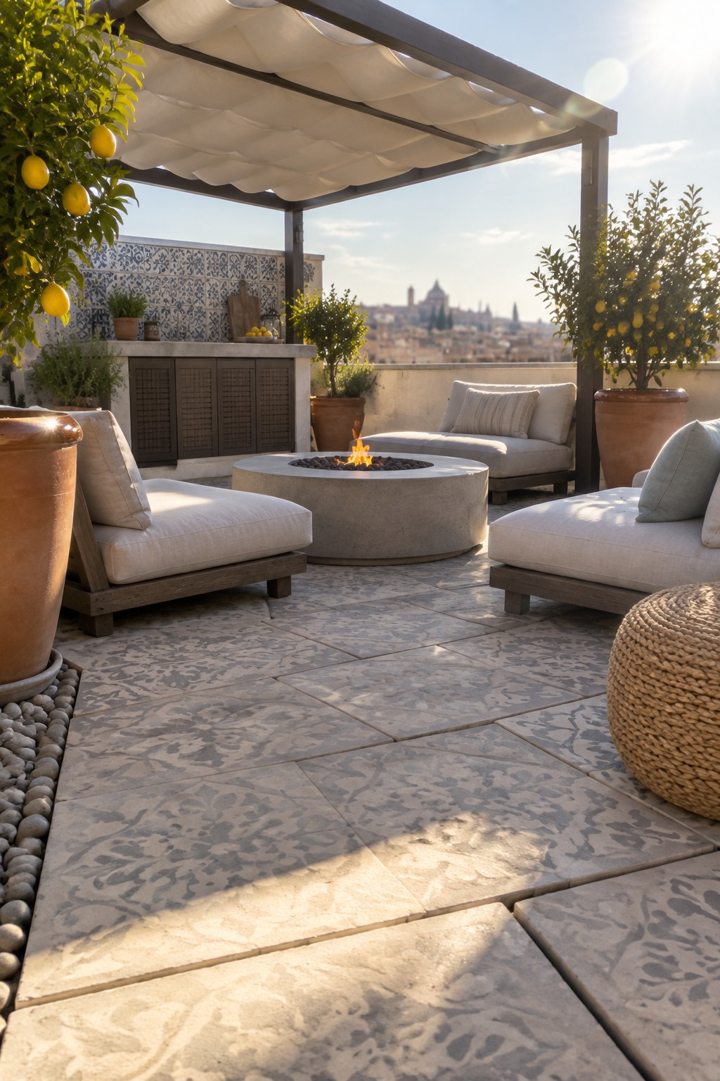 Rooftop patio with large square concrete pavers in a gray marbled pattern, a round concrete fire pit, lounge seating, and potted trees overlooking a city skyline.