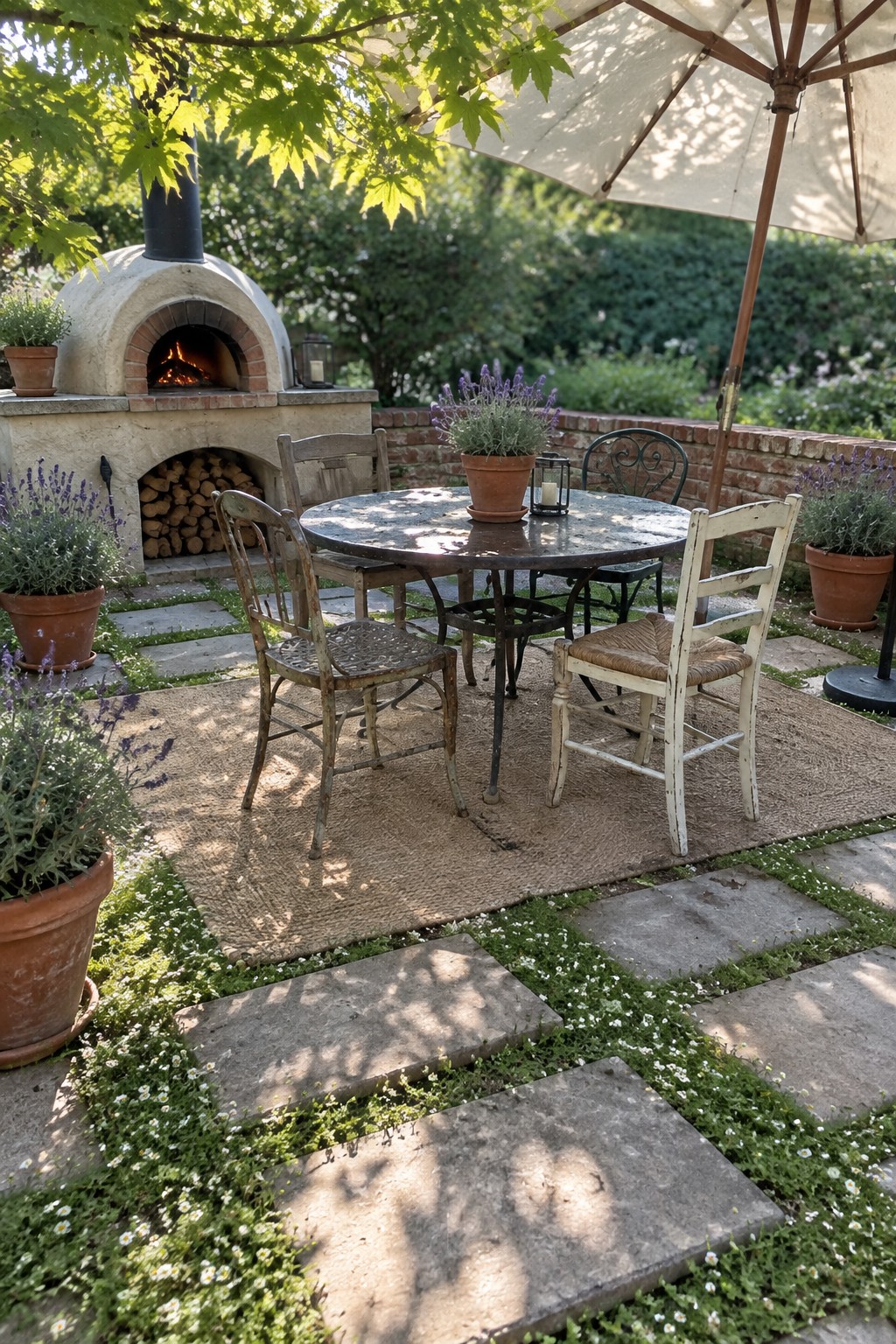 Rustic patio with round table, mismatched chairs, lit pizza oven, and lavender pots.