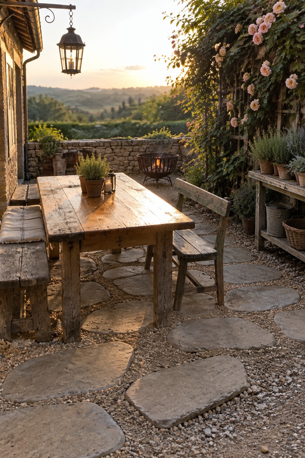 A rustic outdoor patio featuring a wooden table with benches on a gravel surface laid with large irregular concrete stepping stones, a fire pit, potted plants, and climbing roses on a trellis.