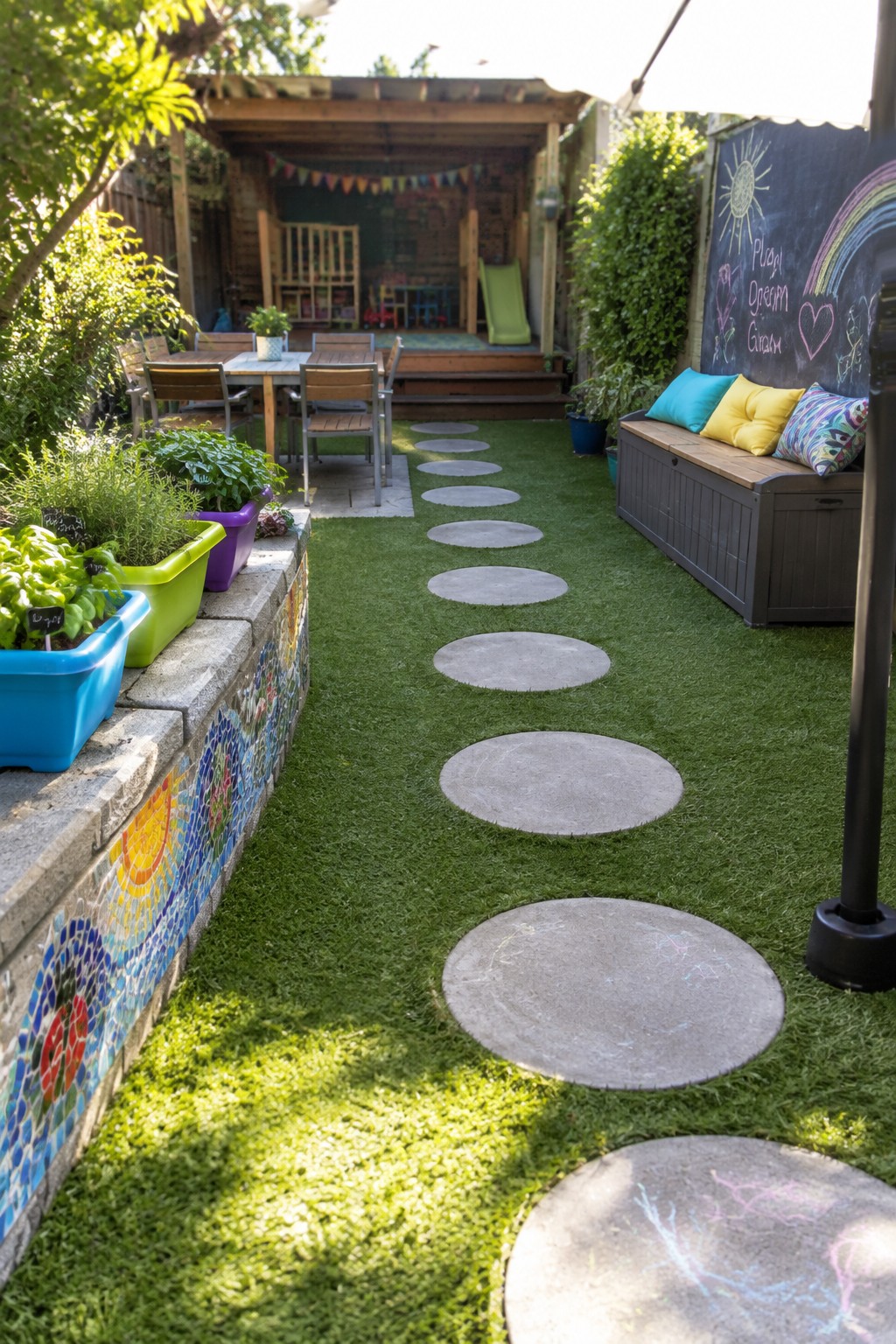 A backyard path of large round concrete stepping stones set into green grass, with colorful planters on a mosaic wall to the left and a chalkboard on the right.