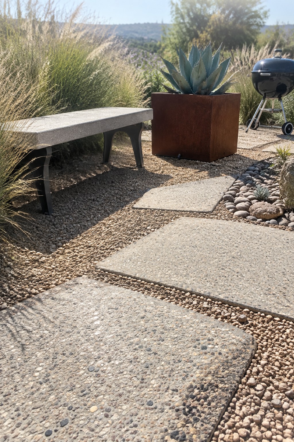 Concrete bench beside rusted planter with agave on gravel path with stepping stones