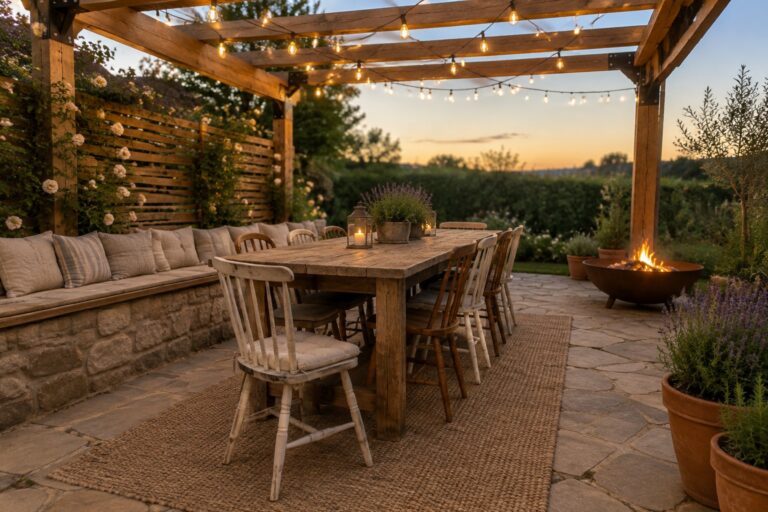 24 Gorgeous Patio Pergola Lighting Ideas Featuring Overhead String Lights A wooden pergola with string lights overhead covering a long rustic dining table and mixed chairs on a stone patio beside a fire pit.