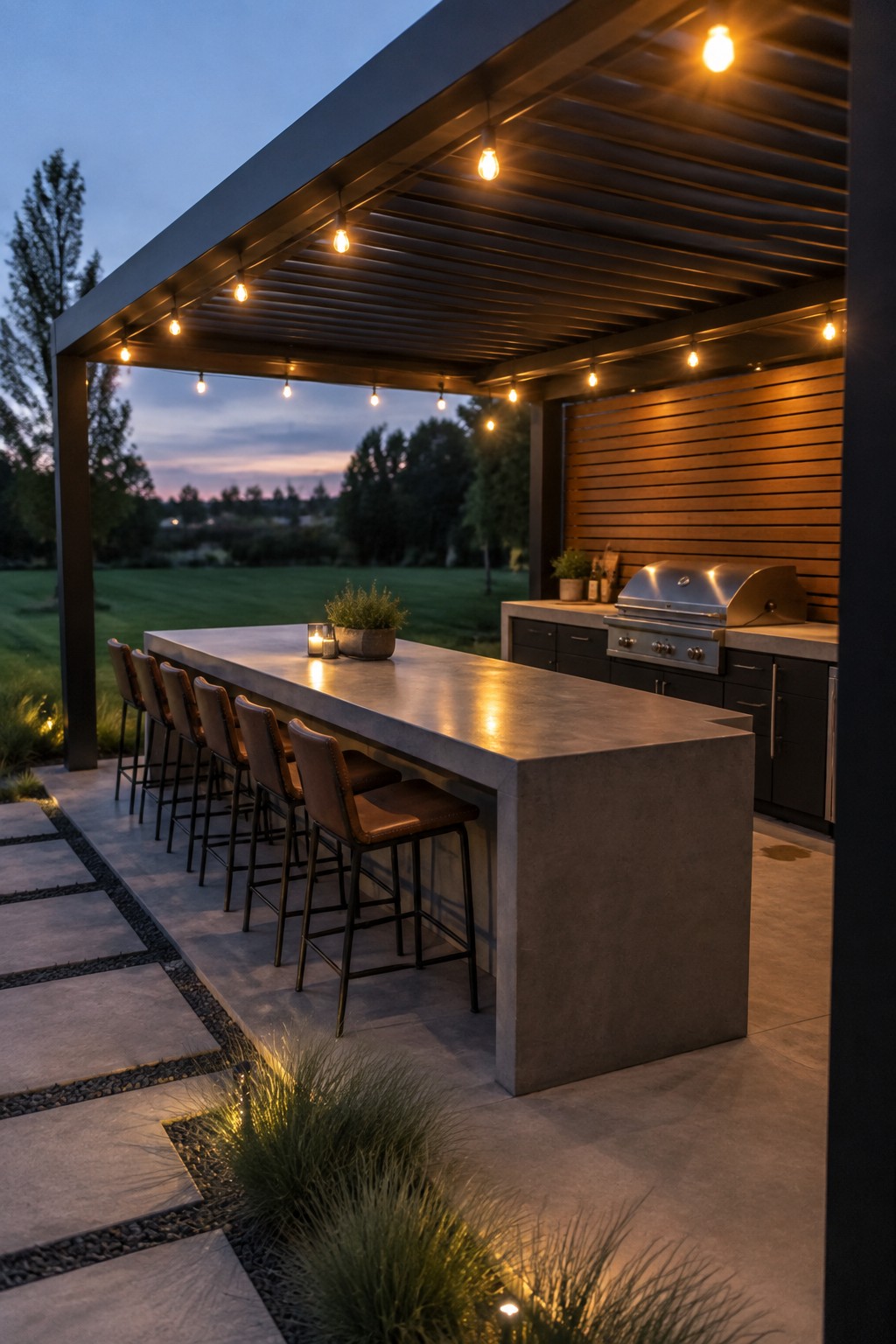 Modern outdoor kitchen patio with concrete bar, leather stools, string lights, and grill at dusk