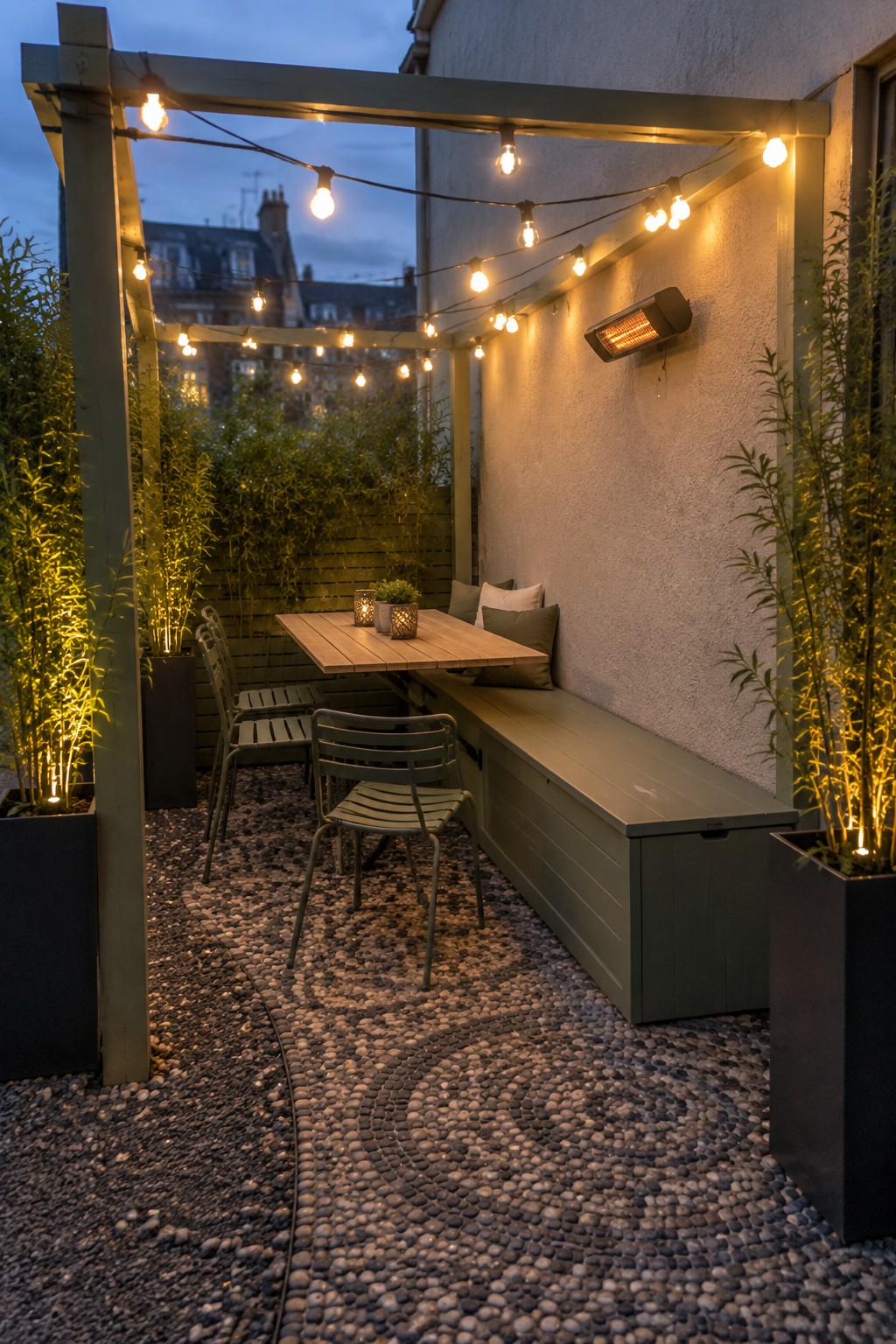 A wooden pergola with overhead string lights over a patio that has a table, chairs, built-in bench with cushions, potted plants, and pebble flooring.