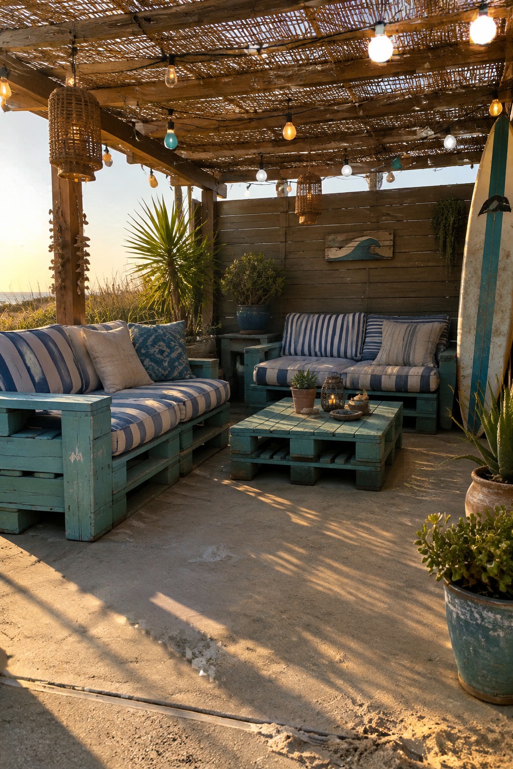 A wooden pergola strung with overhead lights shelters blue pallet seating and a surfboard on a concrete patio.