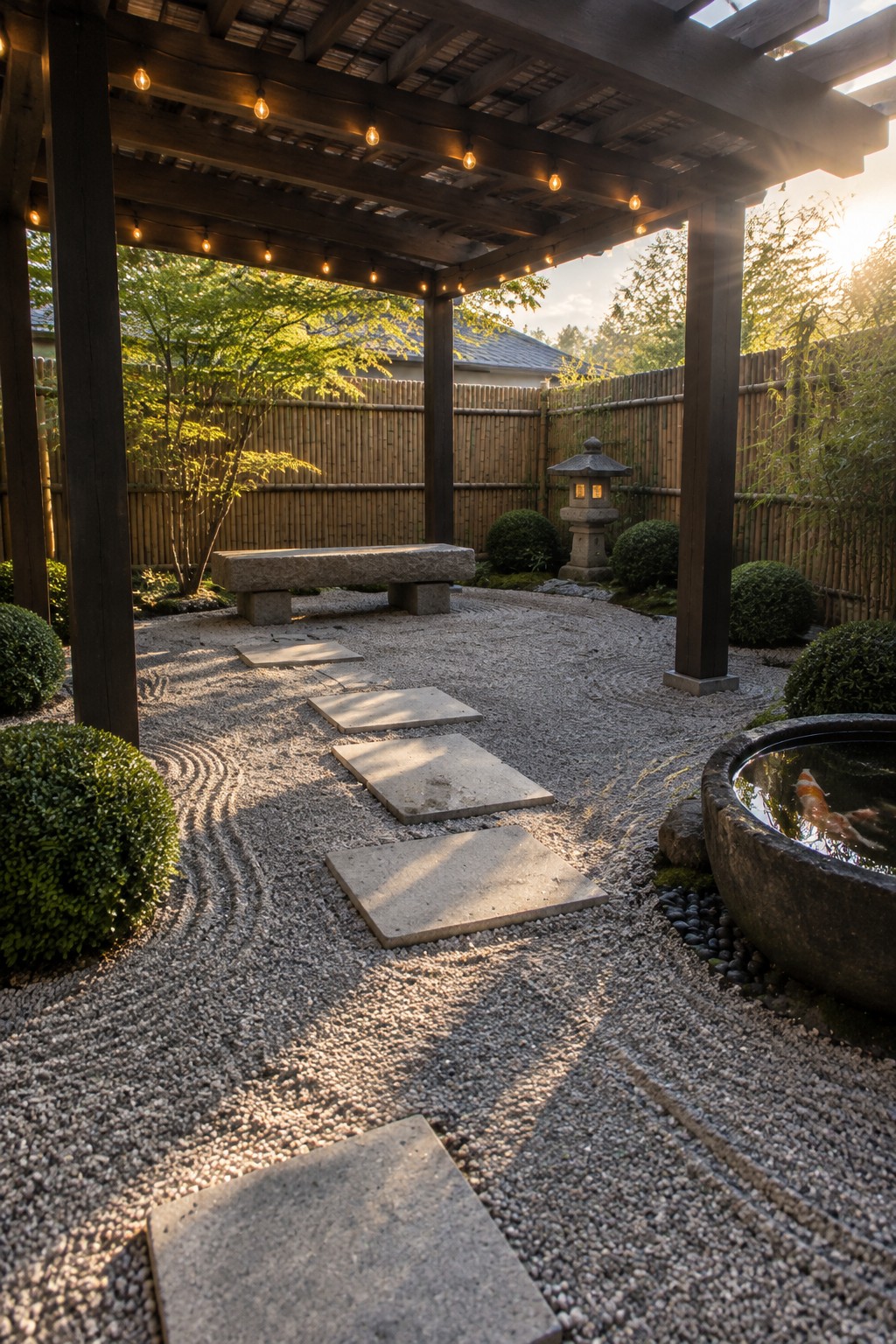 Raked gravel zen garden with stepping stones, bench, lantern, and koi basin under lit pergola