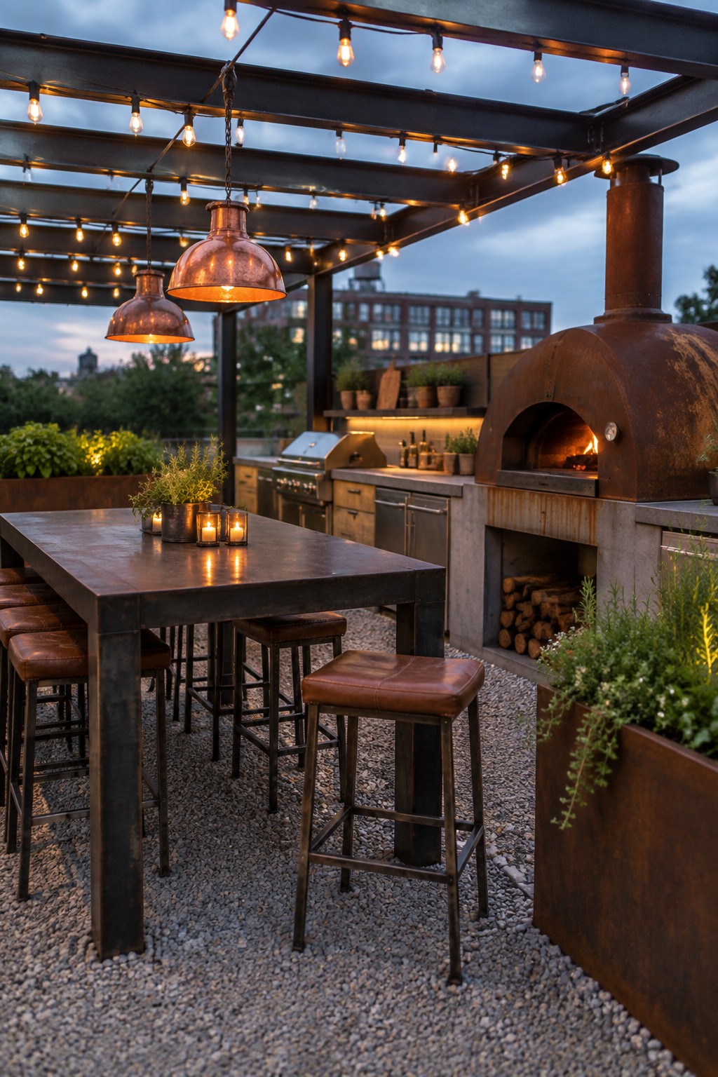 An outdoor patio under a metal pergola strung with overhead lights, featuring a large dining table with leather stools and a wood-fired oven on the right side.