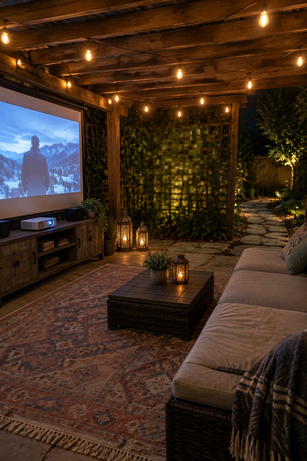 Outdoor patio under a wooden pergola with overhead string lights, a large sectional sofa, coffee table, projector screen, and several lanterns on a stone floor.