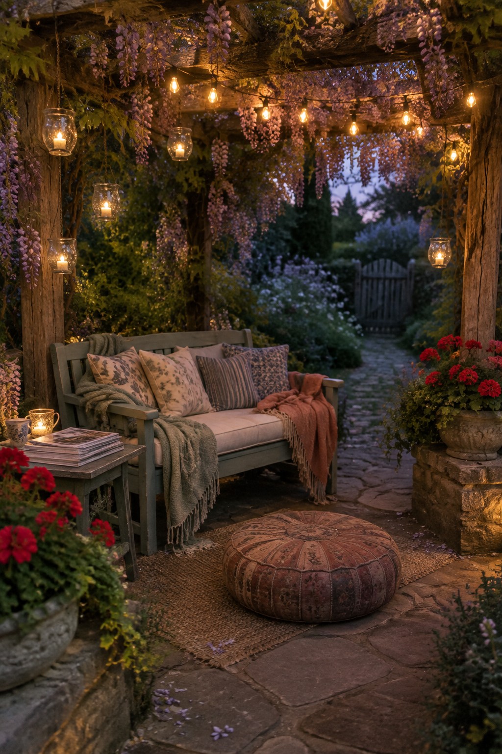 Cozy wooden bench under wisteria pergola with string lights, cushions, and pouf at dusk