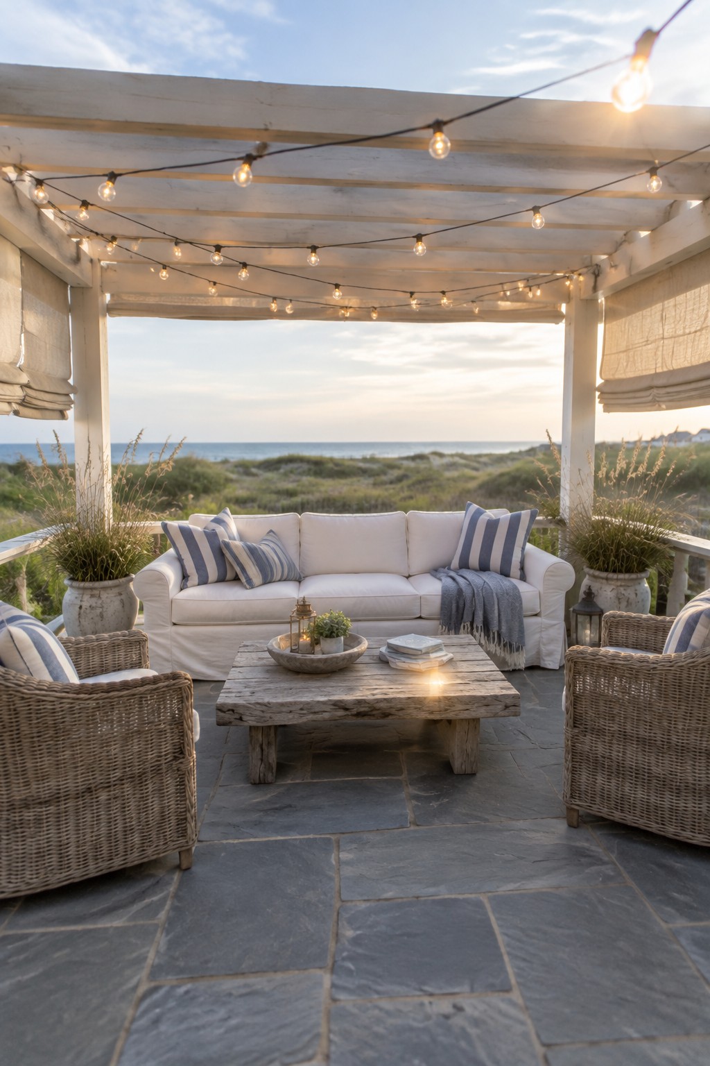 A white wooden pergola with overhead string lights covers a stone patio furnished with a white sofa, two wicker armchairs, a rustic coffee table, and potted plants, with the ocean visible in the background at dusk.