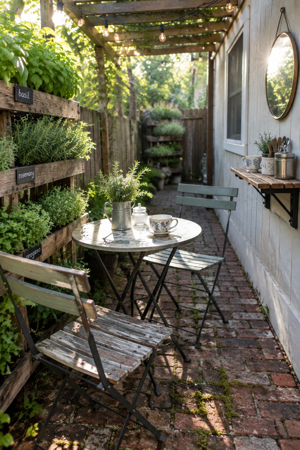 A narrow brick patio under a wooden pergola strung with overhead lights, featuring a round table with two chairs and a vertical herb garden on the left wall.