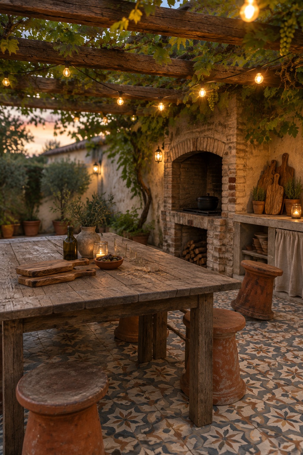 A rustic wooden pergola with string lights overhead above a weathered dining table on a patterned tile patio, next to a brick oven.