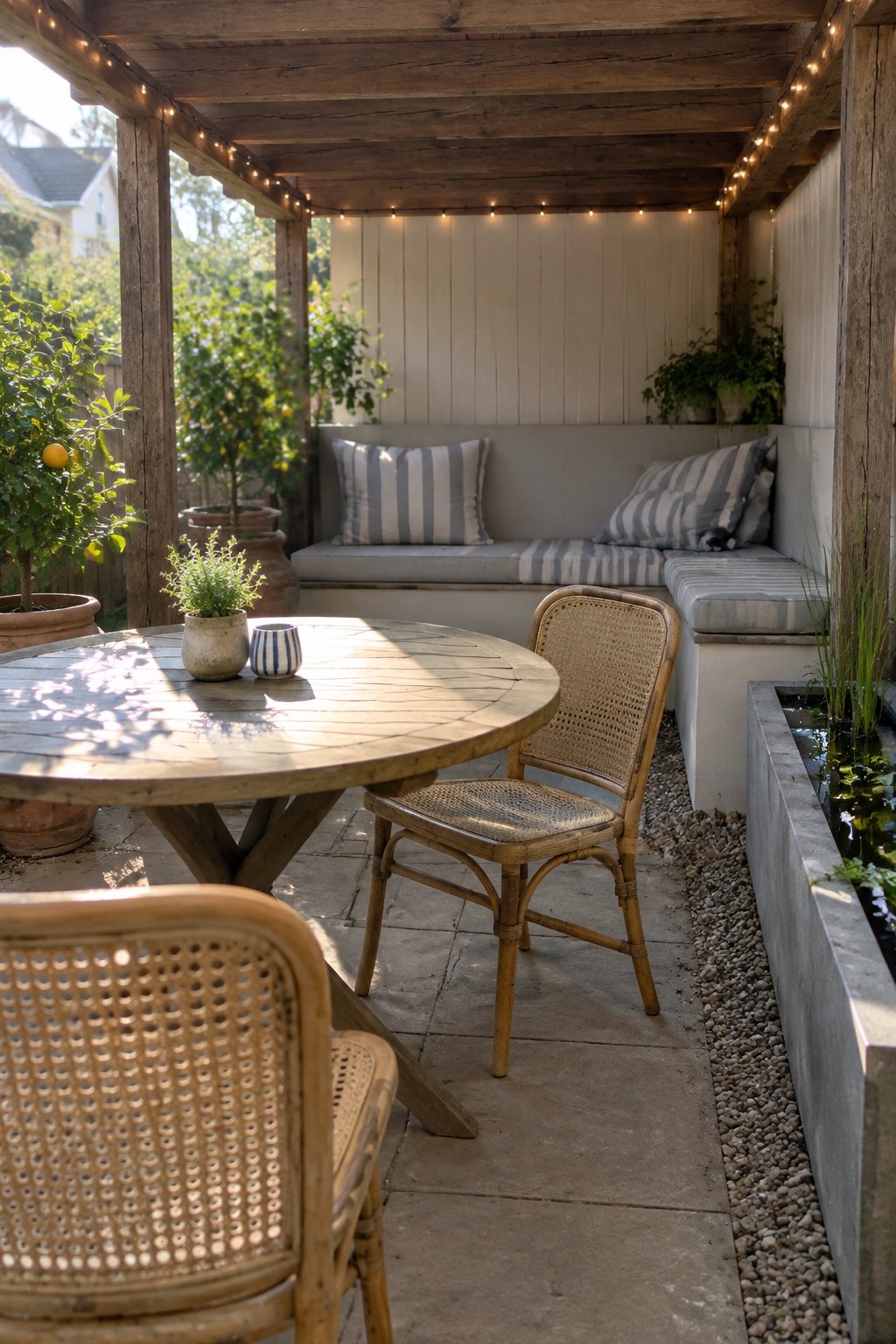 A wooden pergola with string lights overhead covers a stone patio with a round table, rattan chairs, and built-in bench seating with striped cushions.