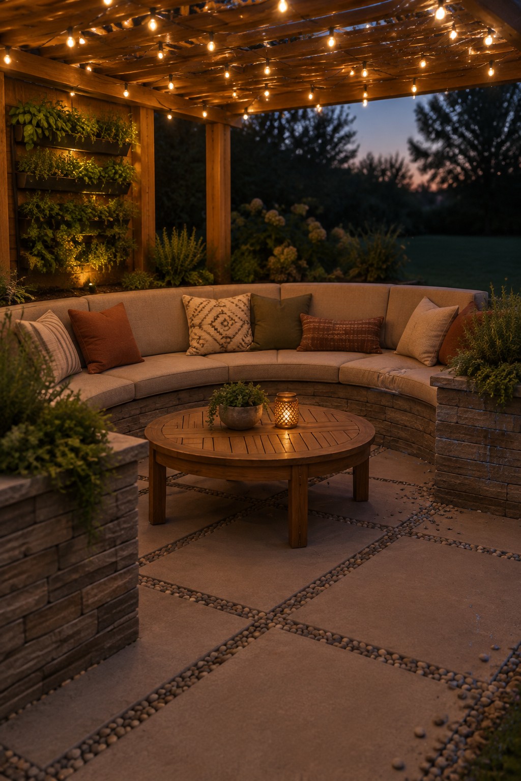 A curved outdoor sectional sofa with pillows sits under a wooden pergola with string lights overhead, next to a round wooden coffee table on a stone patio.