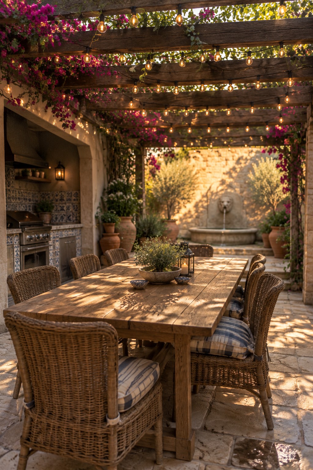 A wooden pergola covered with string lights over a long rustic table and wicker chairs on a stone patio, with bougainvillea vines and a stone fountain visible in the background.