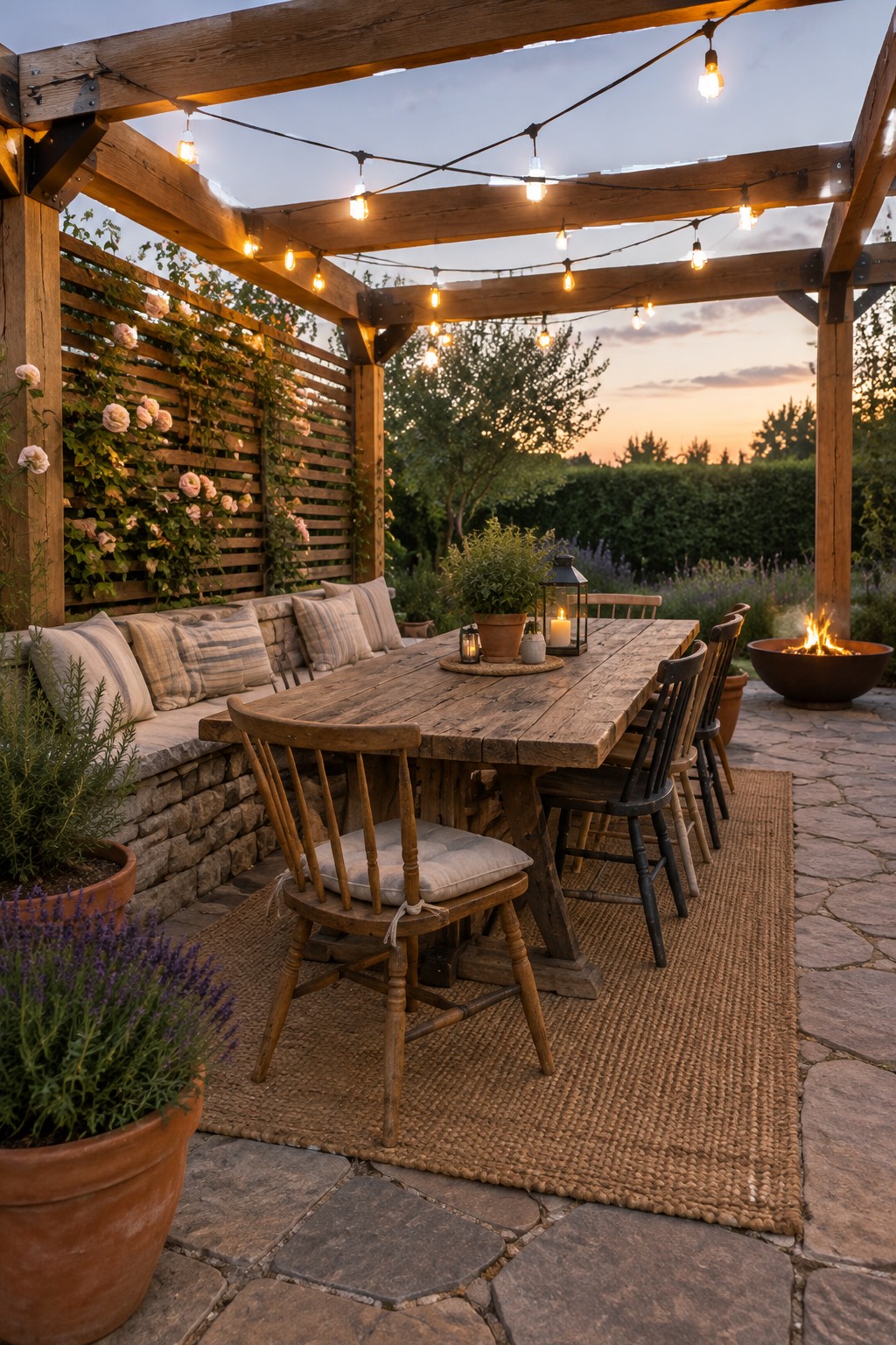 A wooden pergola with string lights overhead covering a long rustic dining table and mixed chairs on a stone patio beside a fire pit.
