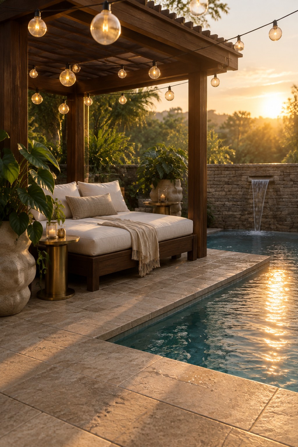 Wooden pergola with overhead string lights above a white daybed on a stone patio beside a pool at sunset.