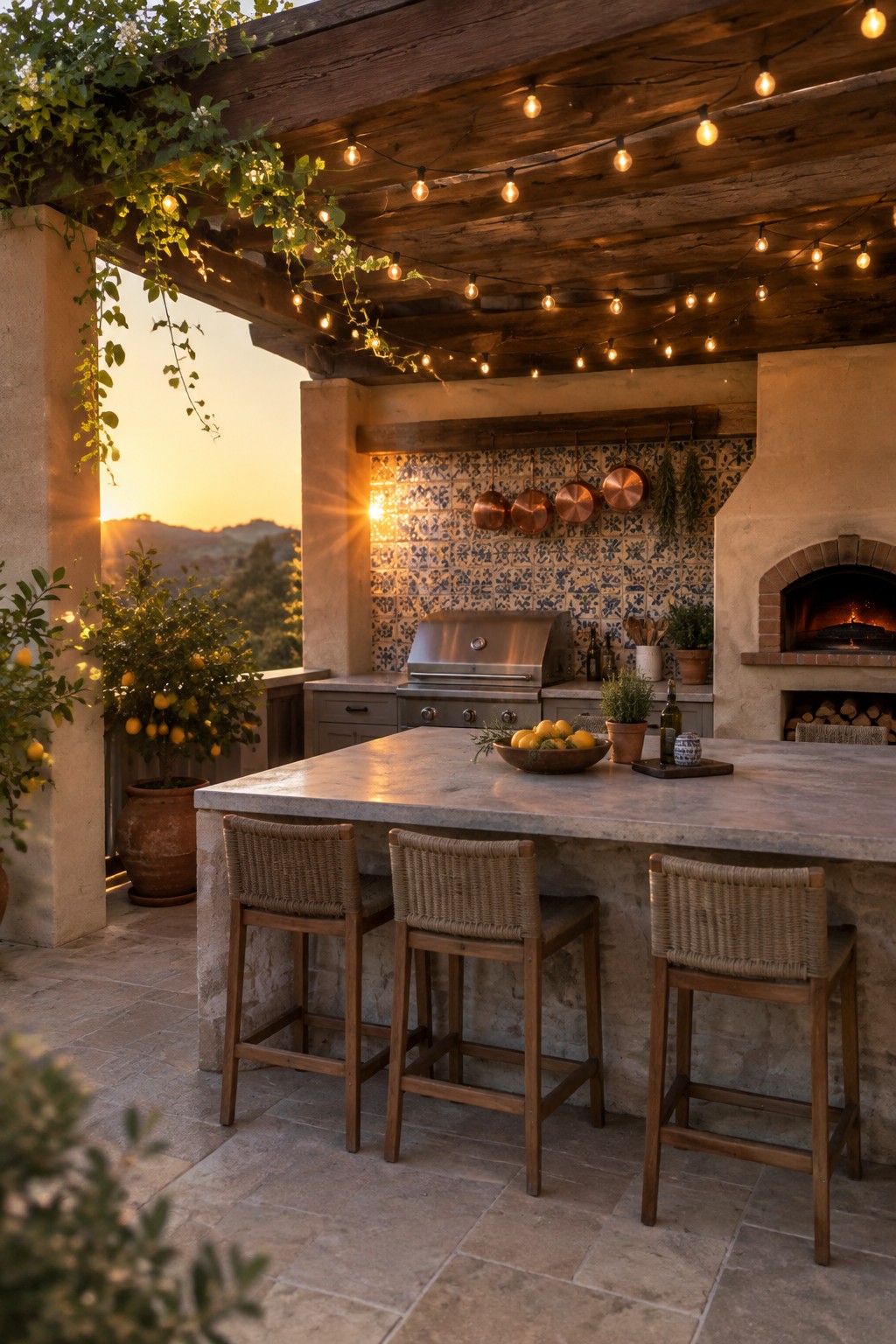 An outdoor kitchen under a wooden pergola with string lights overhead, a marble island with three bar stools, a built-in grill, and a stone fireplace at sunset.