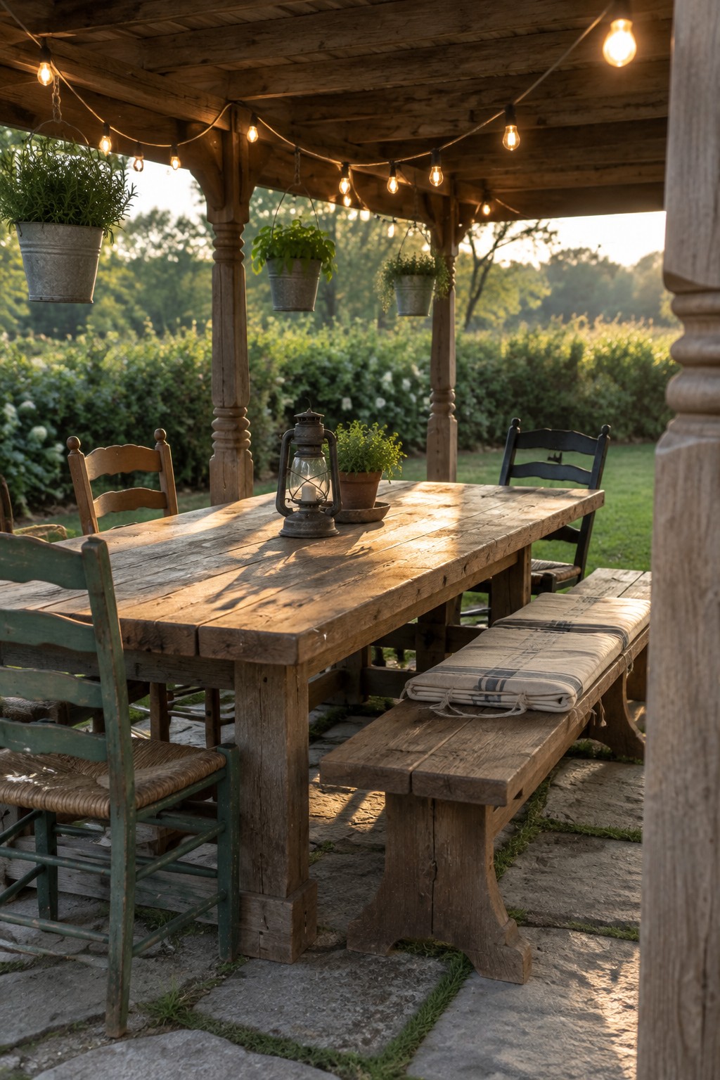 A wooden pergola with string lights overhead above a long rustic dining table set with a lantern and surrounded by mixed wooden chairs and a bench on a stone patio.