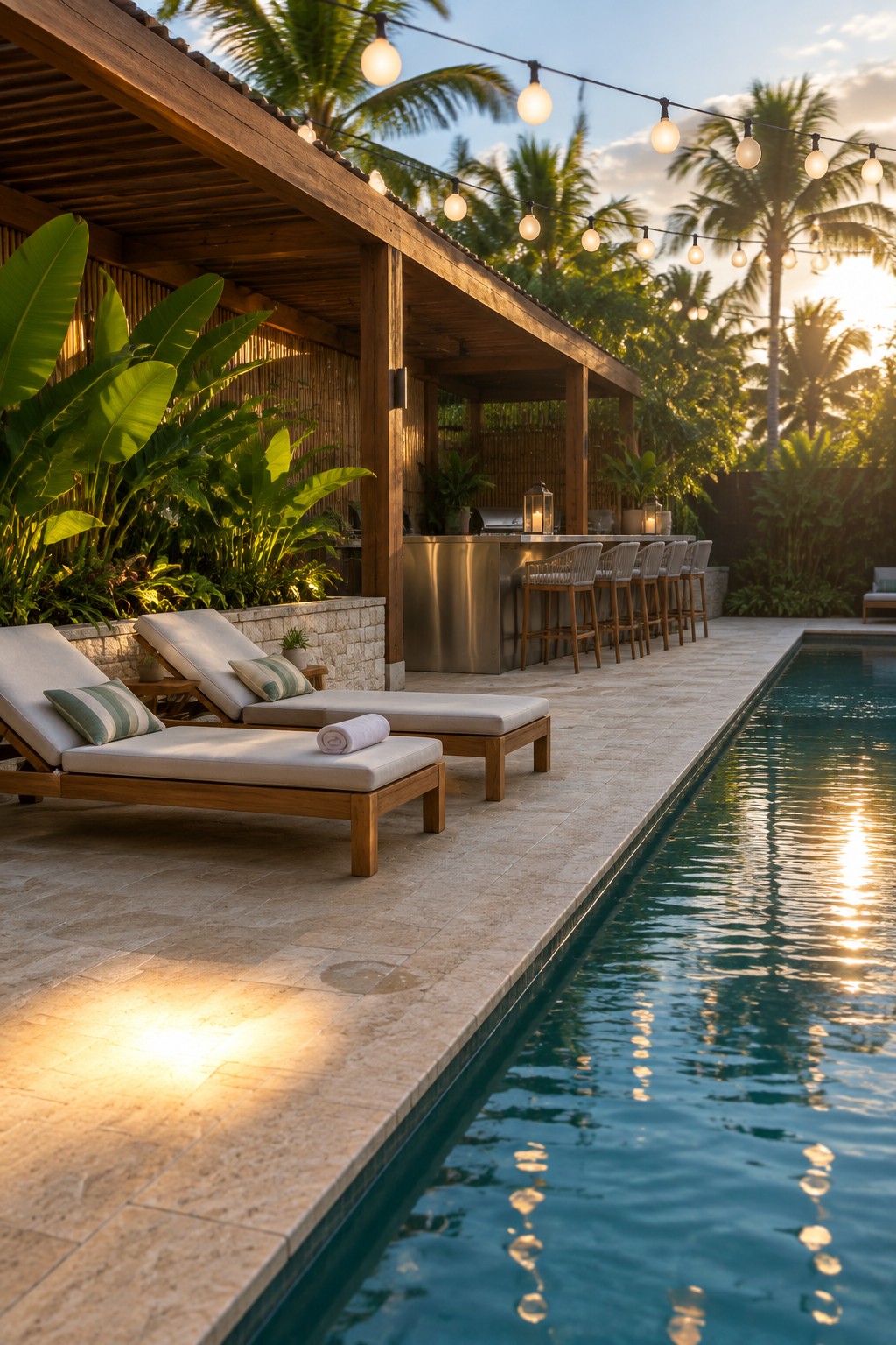 Outdoor poolside patio with wooden pergola, overhead string lights, lounge chairs, and a stainless steel bar with stools.