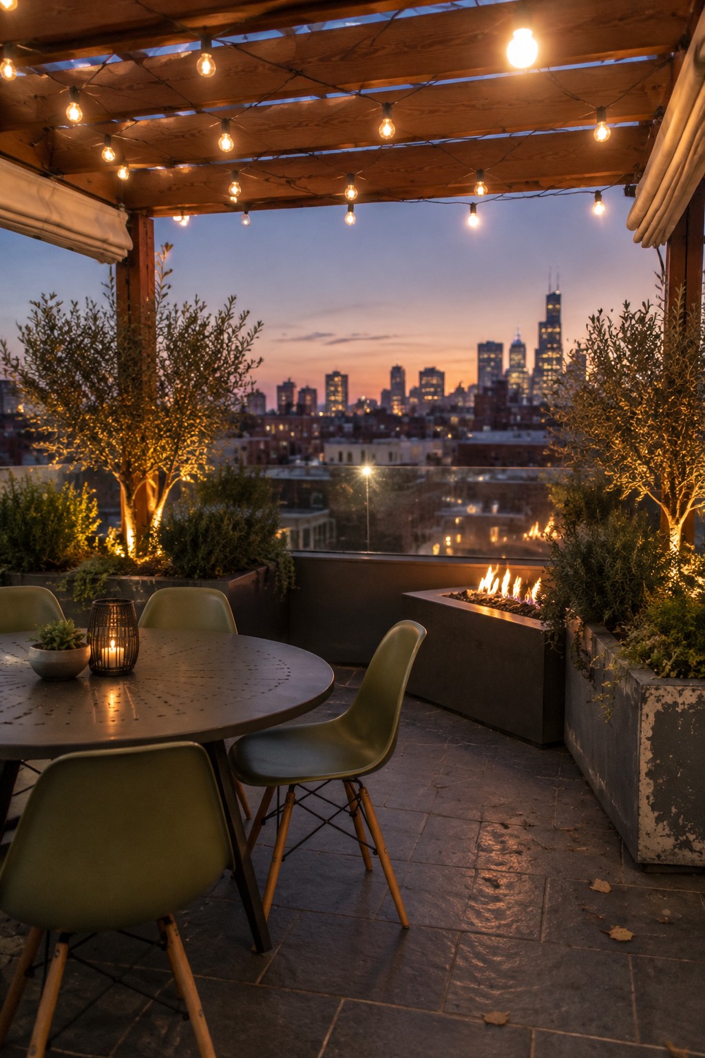 Rooftop patio with string lights, round table, green chairs, fire pit, and city skyline at dusk