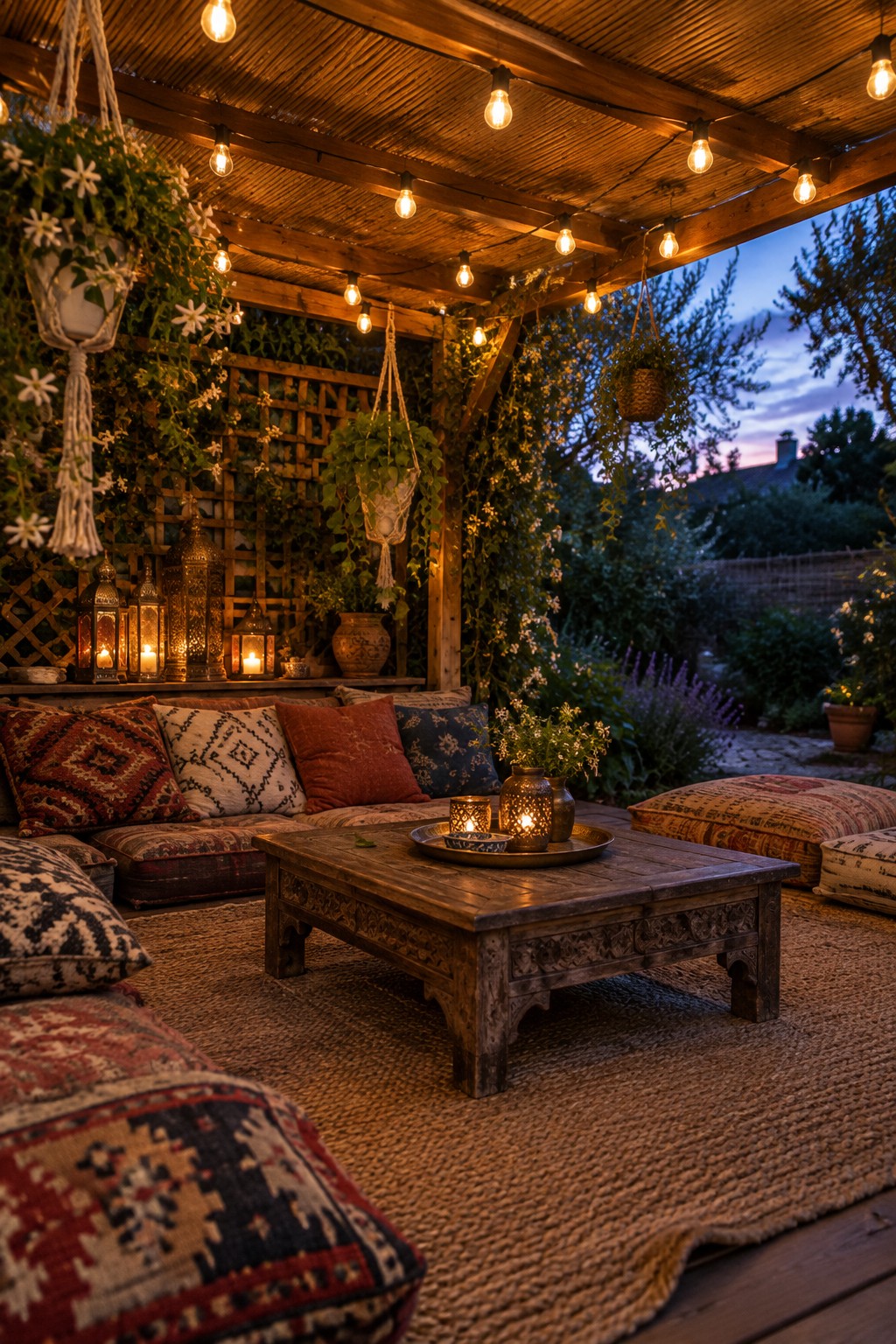Wooden pergola with overhead string lights, hanging plants, lanterns, and cushioned seating on an outdoor patio at dusk.