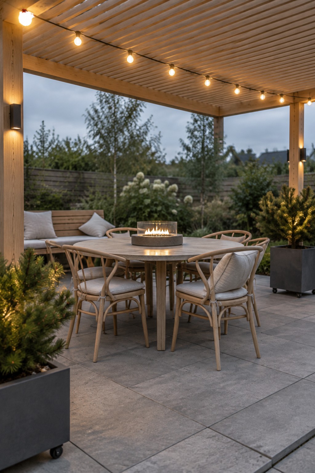 Wooden patio table with fire pit under string lights on pergola-covered deck