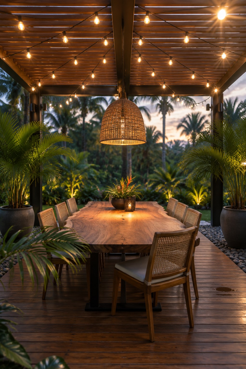 A wooden pergola with string lights over a long dining table and chairs on a deck, with potted plants on both sides and palm trees in the background.