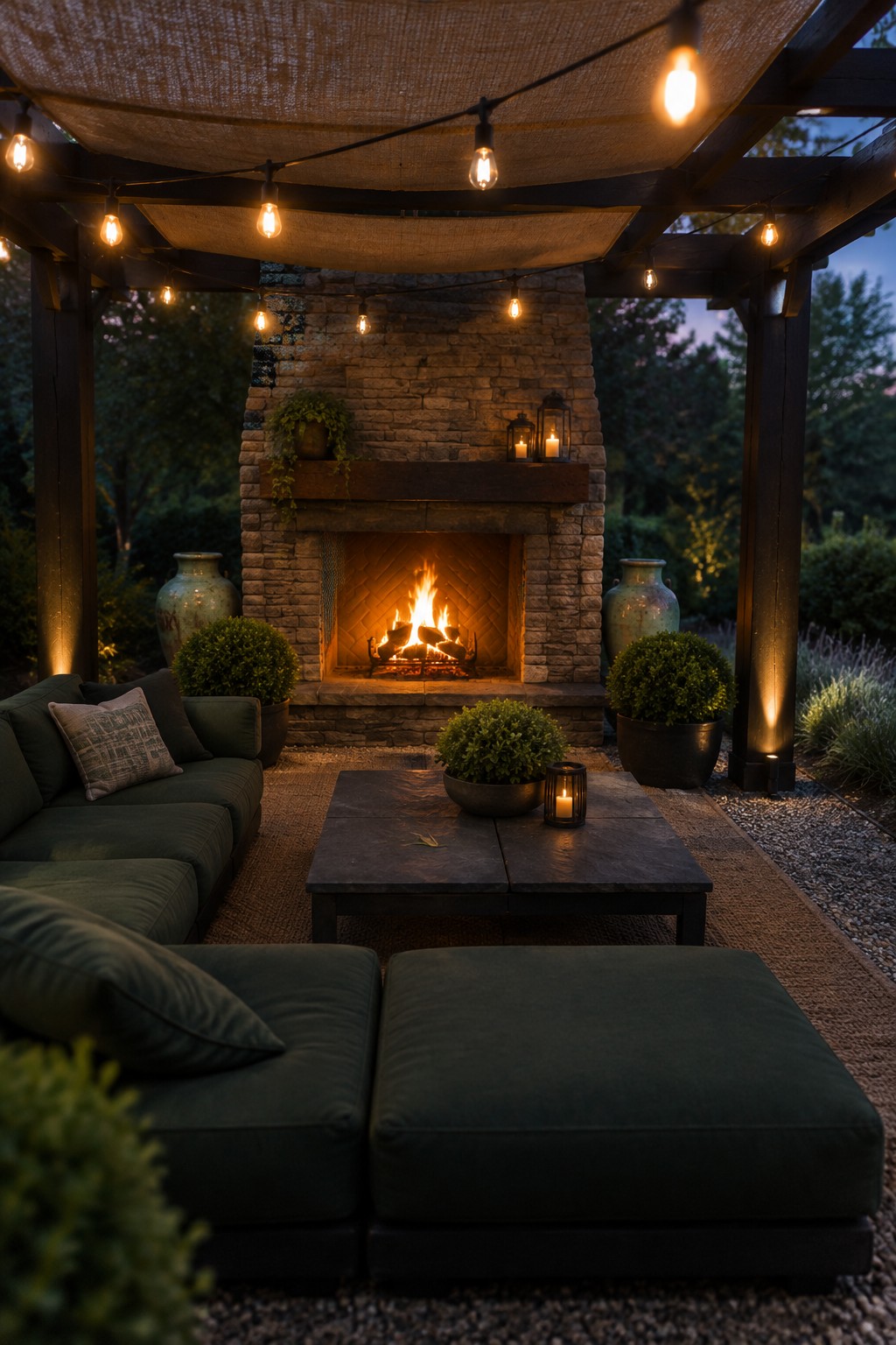 A patio under a wooden pergola with overhead string lights, a stone fireplace with burning fire, dark green sectional sofa, dark coffee table, and potted plants at dusk.