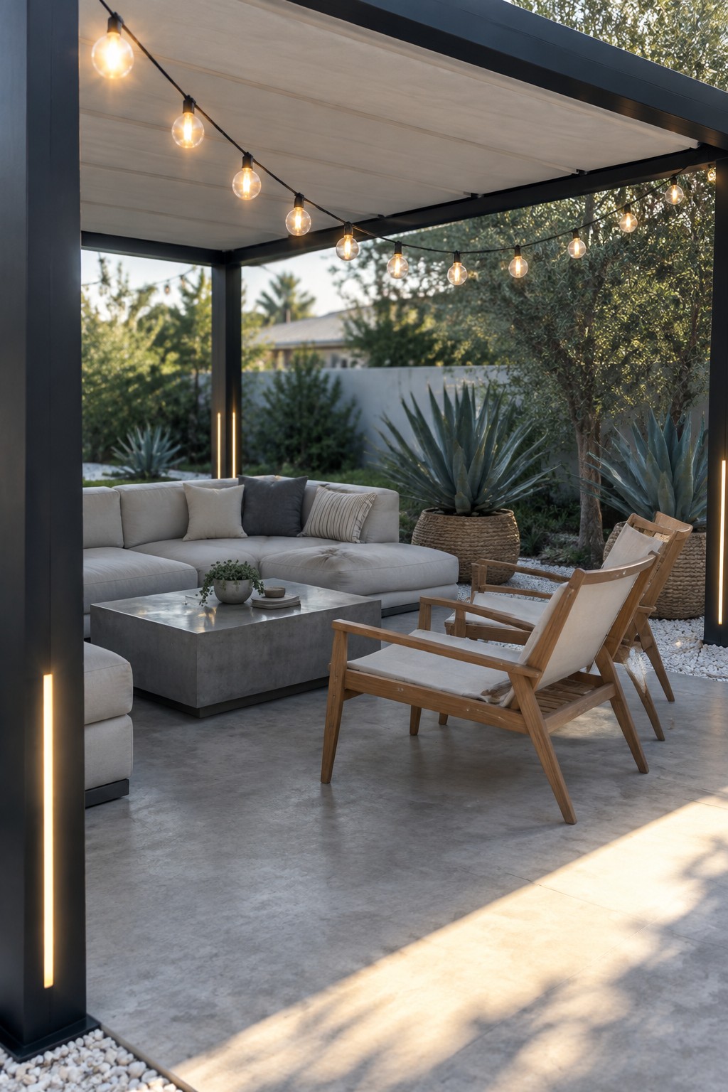 Outdoor patio under a black pergola with string lights overhead, a light gray sectional sofa, wooden armchairs, and a concrete floor.