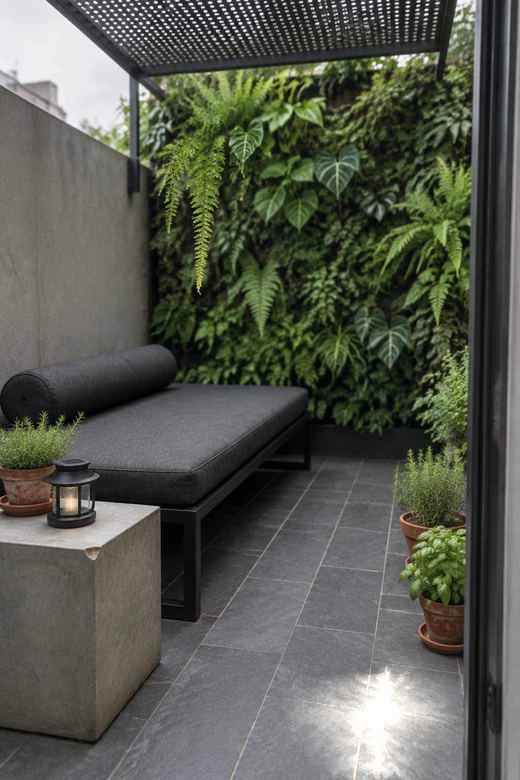 A narrow outdoor patio shows a dark gray upholstered daybed on a black frame against a vertical garden wall, with a concrete side table holding a lantern and several potted plants along the edge.